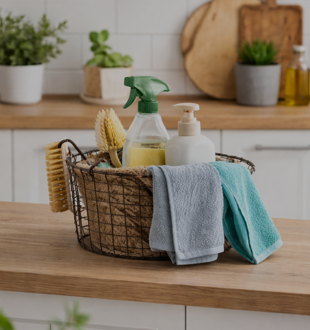 Panier de produits et accessoires de nettoyage